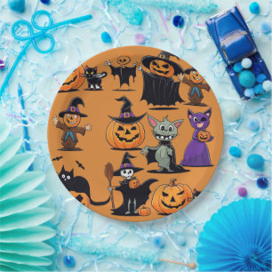 Pumpkin Black Cat Skeletons Halloween Paper Plates