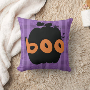 Pumpkin Black Purple Plaid Halloween Pattern Throw Pillow