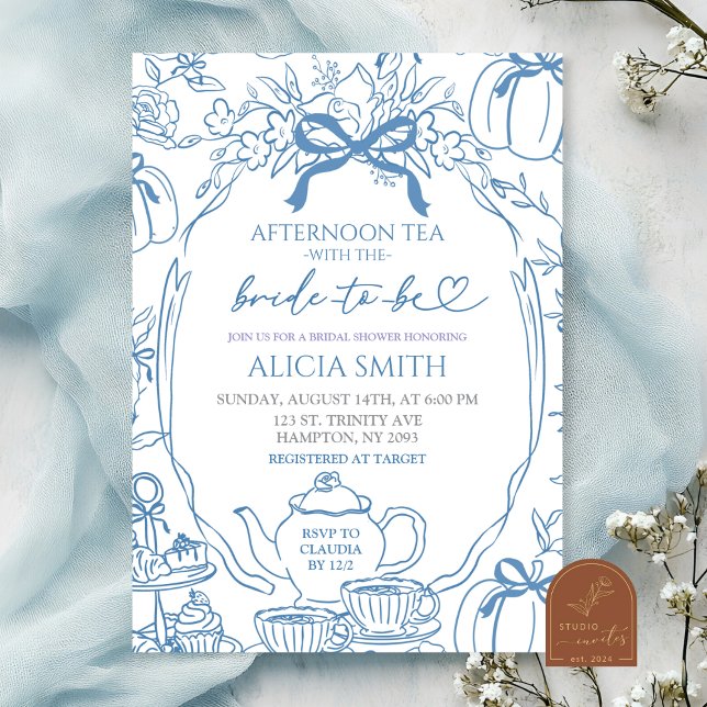  Pumpkin Blue Bow Toile Bridal Shower Tea Party Invitation (Creator Uploaded)