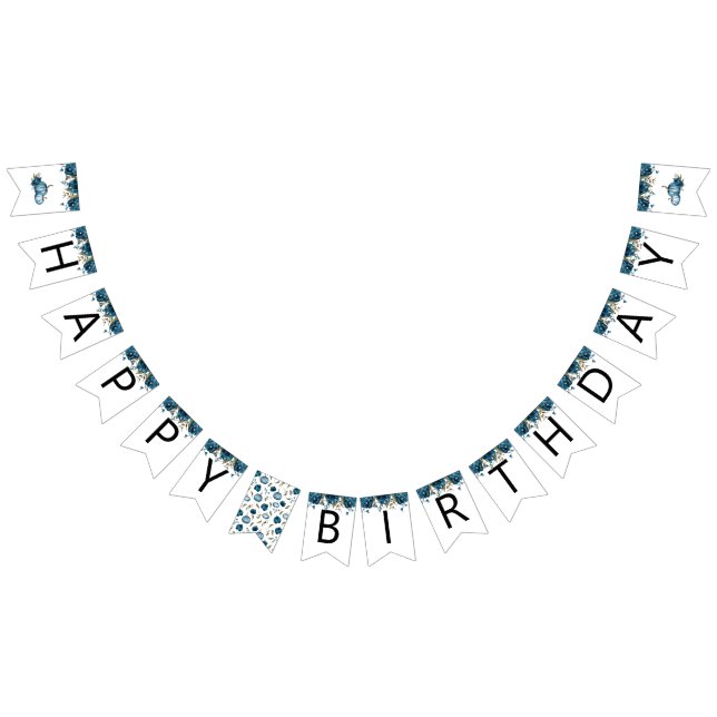 Pumpkin Blue Floral Happy Birthday Party Decor  Bunting Flags (All)