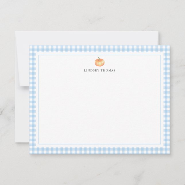 Pumpkin Blue Gingham Border Personalized Card (Front)