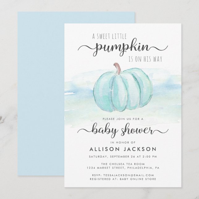 Pumpkin Blue Mint Watercolor Baby Boy Shower Invitation (Front/Back)