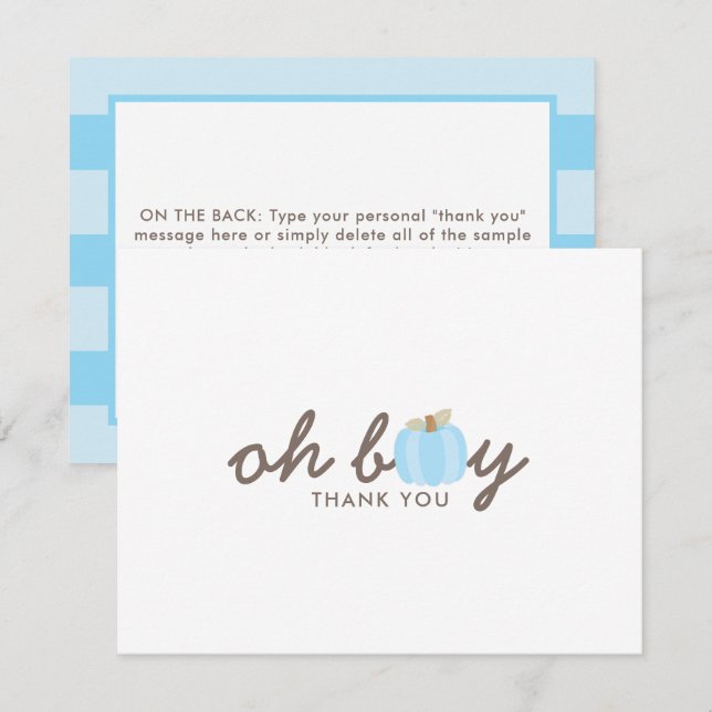 Pumpkin Blue Oh Boy Fall Baby Shower Thank You Card (Front/Back)