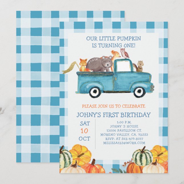 Pumpkin Blue Truck Animals 1st Birthday Invitation (Front/Back)