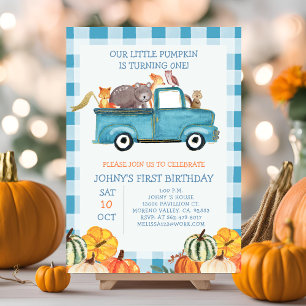 Pumpkin Blue Truck Animals 1st Birthday Invitation