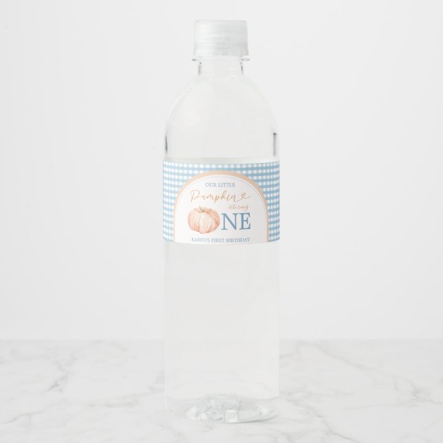 Pumpkin Boho Blue Gingham Water Bottle Water Bottle Label (Front)
