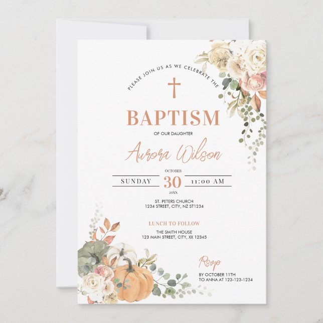 Pumpkin Boho Fall Baptism Floral Invitation  (Front)