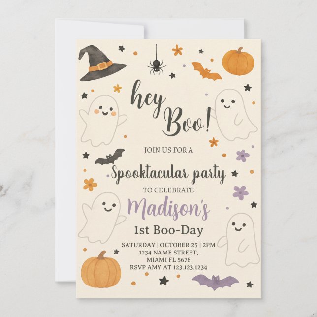 Pumpkin Boo 1st Birthday Invitation | Hey Boo Hall (Front)