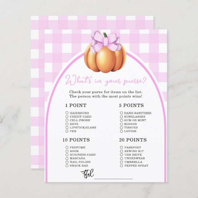 Pumpkin bow baby shower Whats in your purse game (Front/Back)
