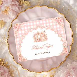 Pumpkin Bow Floral Gingham Baby Shower Thank You Card
