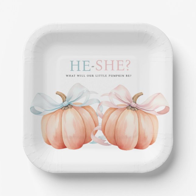 Pumpkin Bow Pink Blue Gender Reveal Paper Plate (Front)