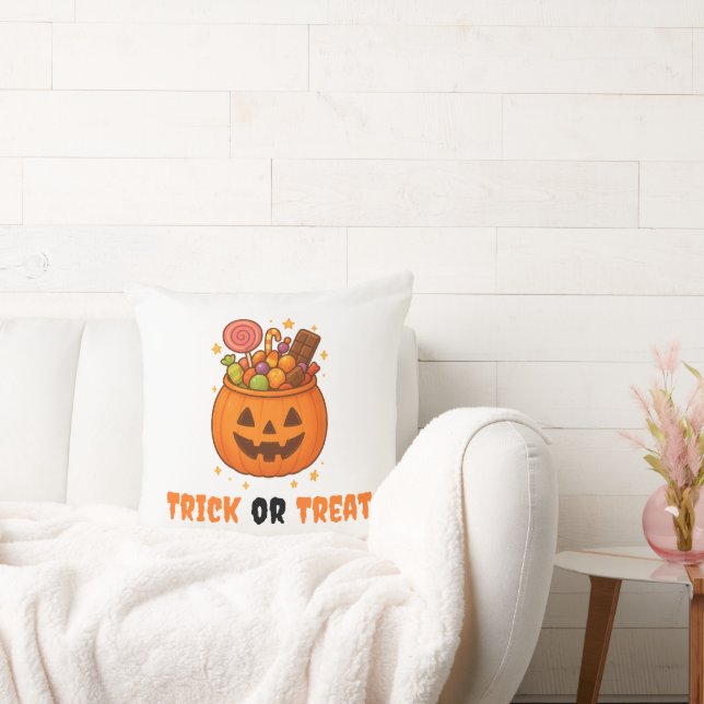 Pumpkin Bucket Full of Sweet - Halloween  Throw Pillow (Couch)