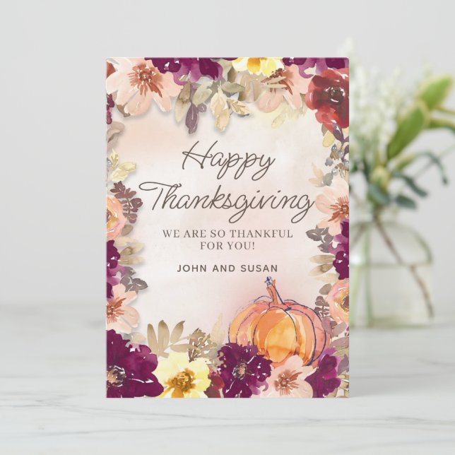 Pumpkin Burgundy Pink Floral Thanksgiving Greeting (Standing Front)