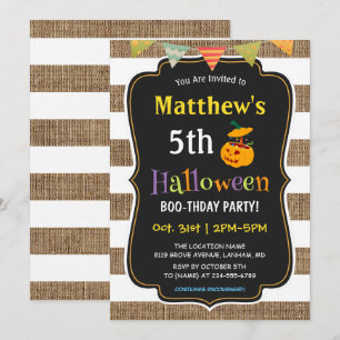 Pumpkin Burlap Halloween Kids Birthday Party Invitation
