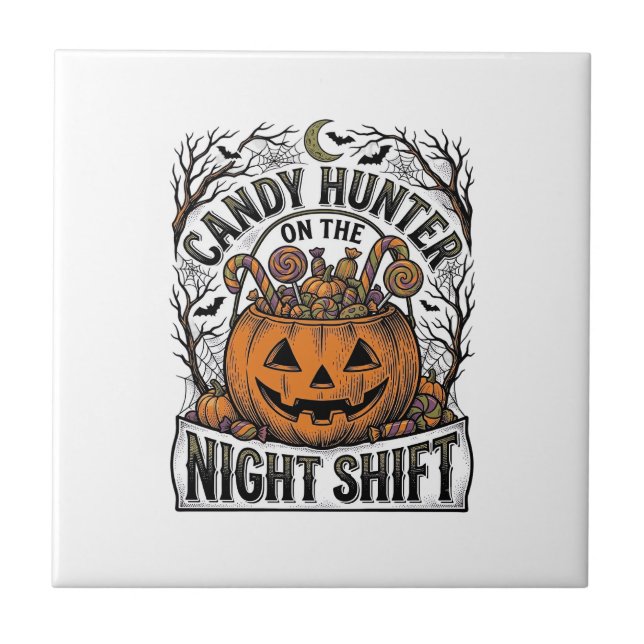 Pumpkin Candy Bucket Vintage Halloween Engraving D Tile (Front)