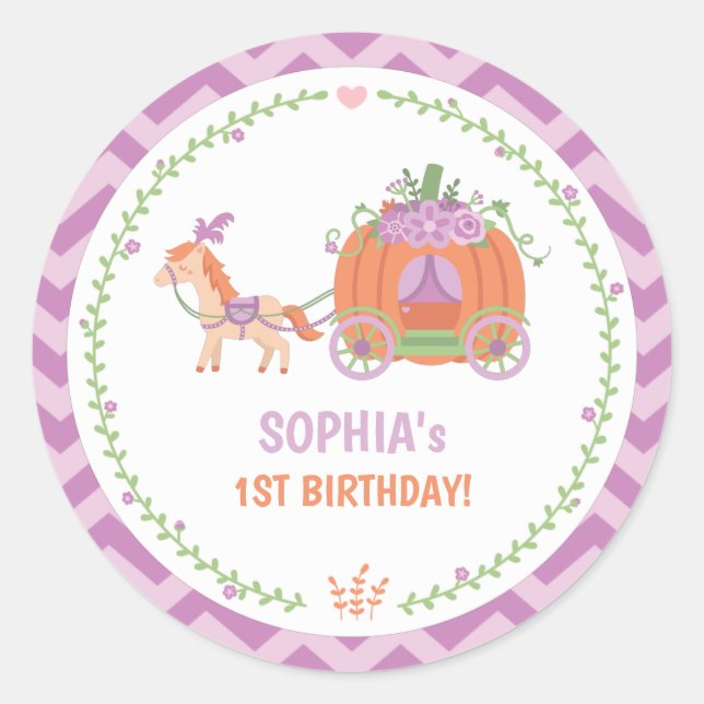 Pumpkin Carriage Birthday Party Purple Custom Classic Round Sticker (Front)