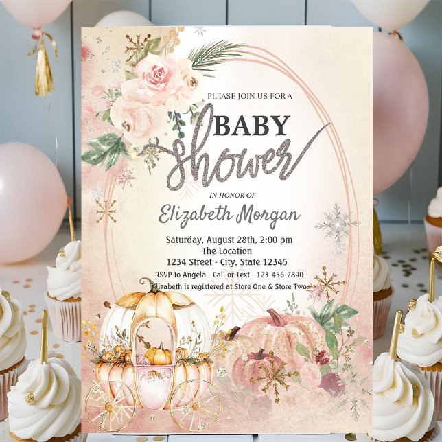 Pumpkin Carriage Flowers Snowflakes Baby Shower  Invitation (Creator Uploaded)