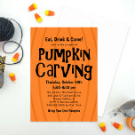 Pumpkin Carving Orange and Black Halloween Party Invitation<br><div class="desc">Stylish Eat,  Drink & Carve invitations set the tone for a fun pumpkin carving party! Invitation features an orange pumpkin background with black carved title and custom text. The back of the card features a pattern of jack o' lantern pumpkins.</div>