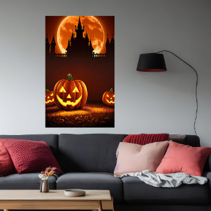 Pumpkin, castle and moon AI Art Poster