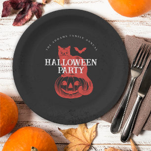 Pumpkin Cat Bat Orange Vintage Halloween Party Paper Plate
