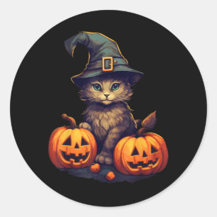 Pumpkin Cat Halloween Black Cat Mens Costume Girls Classic Round Sticker