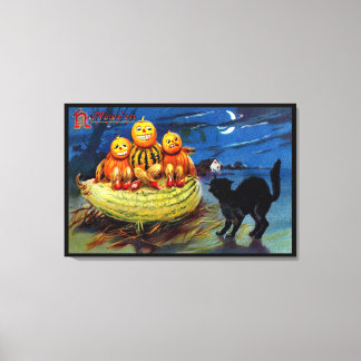 Pumpkin Characters and Black Cat Canvas Print
