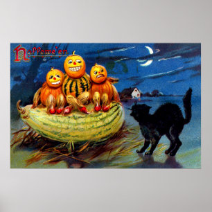 Pumpkin Characters and Black Cat Poster