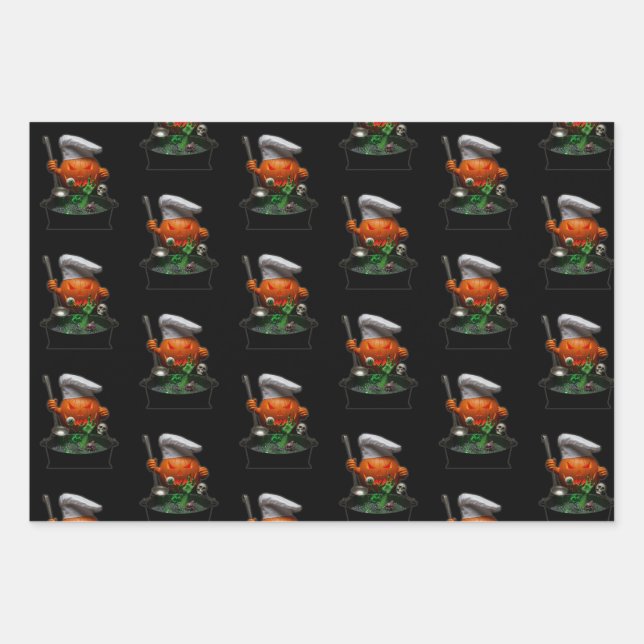 Pumpkin Chef Halloween – Spooky Cauldron design Wrapping Paper Sheet (Front)