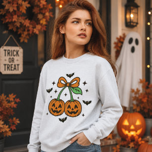 Pumpkin Cherries Bow Halloween Bats Graphic Sweatshirt