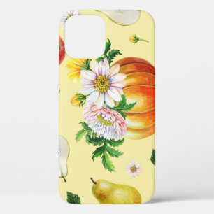 Pumpkin, chrysanthemum: autumn fruit illustration. iPhone 12 case