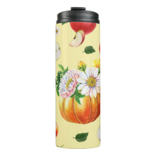 Pumpkin, chrysanthemum: autumn fruit illustration. thermal tumbler