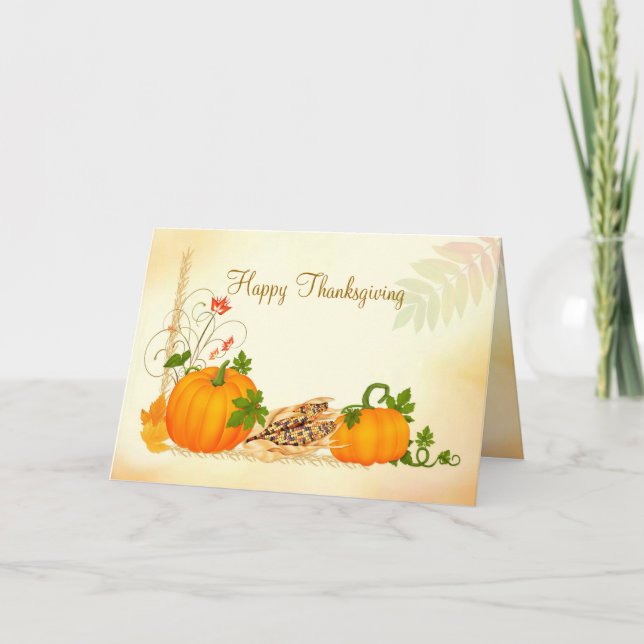 Pumpkin, corn and fall leaves Thanksgiving Card (Front)