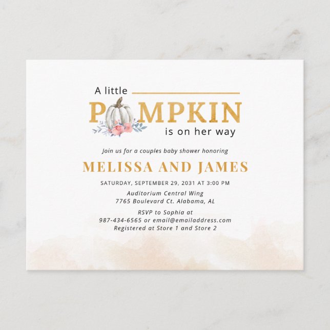 Pumpkin Couples Baby Shower Pink Floral Postcard (Front)
