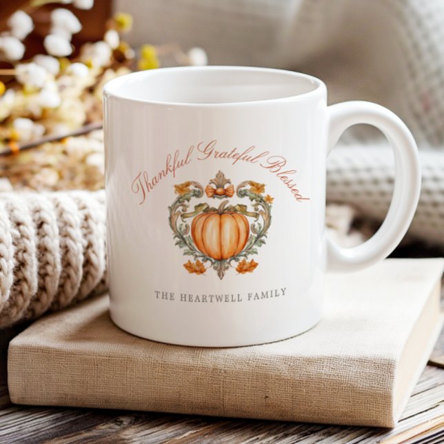 Pumpkin Crest Script Thankful Grateful Blessed Coffee Mug (Creator Uploaded)