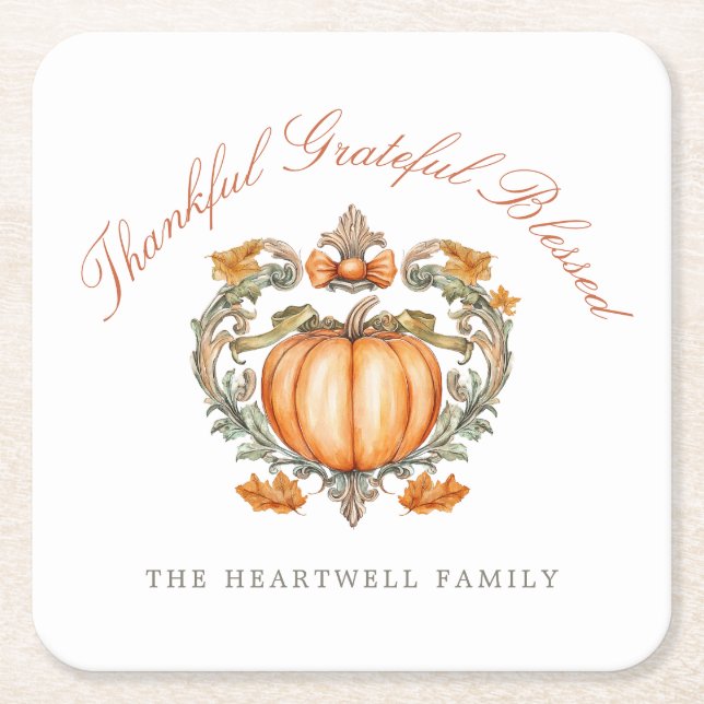 Pumpkin Crest Script Thankful Grateful Blessed Square Paper Coaster (Front)