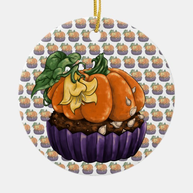 Pumpkin Cupcake Ceramic Ornament (Front)