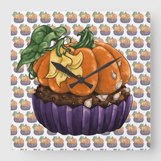 Pumpkin Cupcake Square Wall Clock (Front)