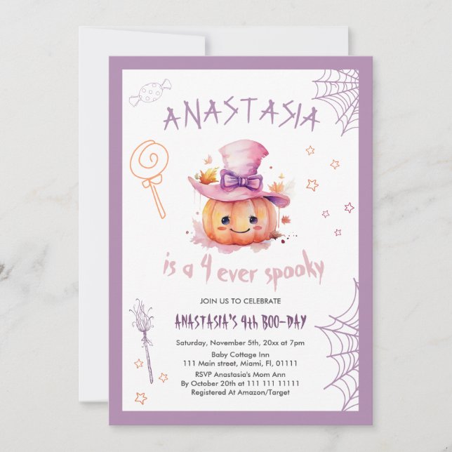 Pumpkin Cute Halloween Baby Girl 4th Birthday Invitation (Front)