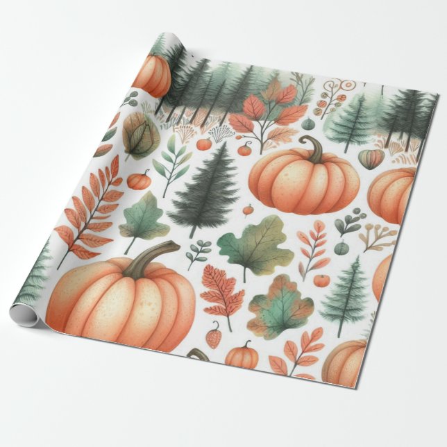 Pumpkin Cute Watercolor Fall & Autumn Thanksgiving Wrapping Paper (Unrolled)