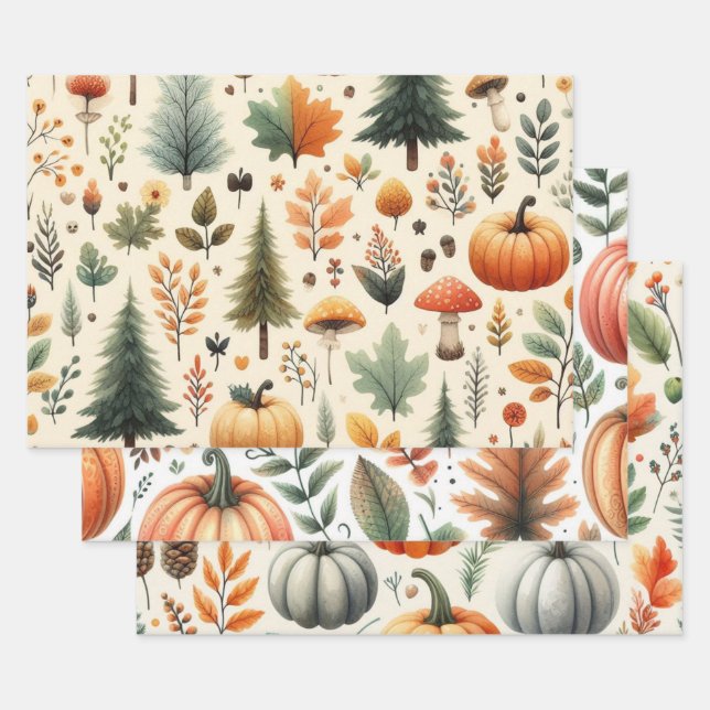 Pumpkin Cute Watercolor Fall & Autumn Thanksgiving Wrapping Paper Sheet (Set)
