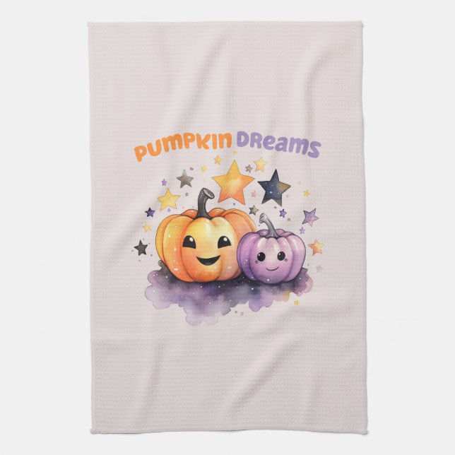 Pumpkin Dreams – Cute Pastel Purple and Orange Kitchen Towel (Vertical)