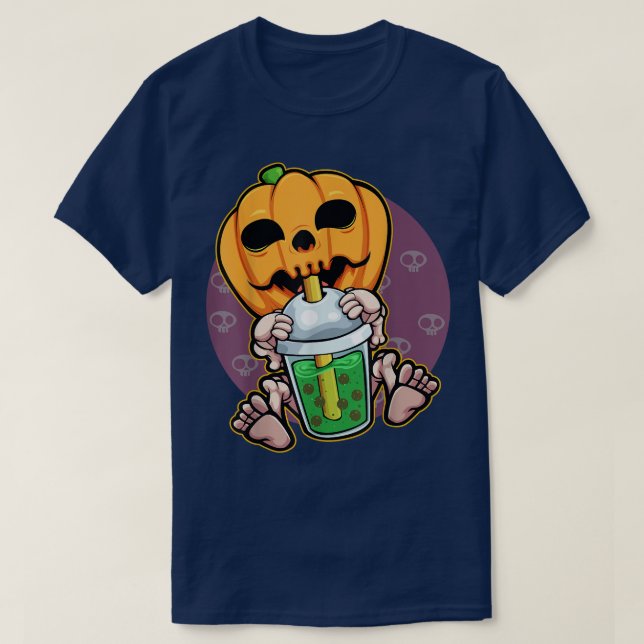 Pumpkin Drinking Boba Lazy Halloween Costume Jack  T-Shirt (Design Front)