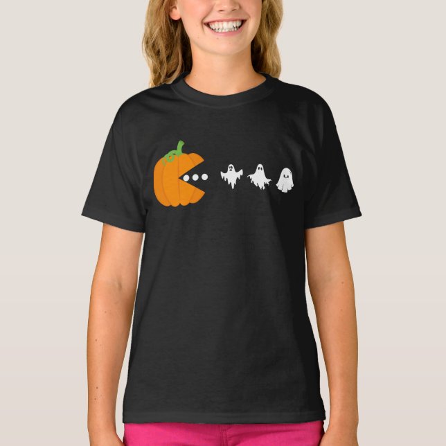  Pumpkin Eating Ghost Gamer Halloween Men Women   T-Shirt (Front)