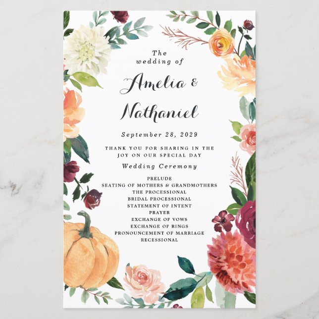 Pumpkin Elegant Autumn Floral Wedding Programs (Front)