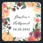 Pumpkin Elegant Fall Floral Rustic Themed Wedding Square Sticker<br><div class="desc">Design features an elegant watercolor floral wreath in shades of burgundy red,  orange,  ivory white,  blush pink and more over fall botanical greenery. An autumn beautiful pumpkin is part of the template with chrysanthemums,  dahlias,  roses,  and more.</div>