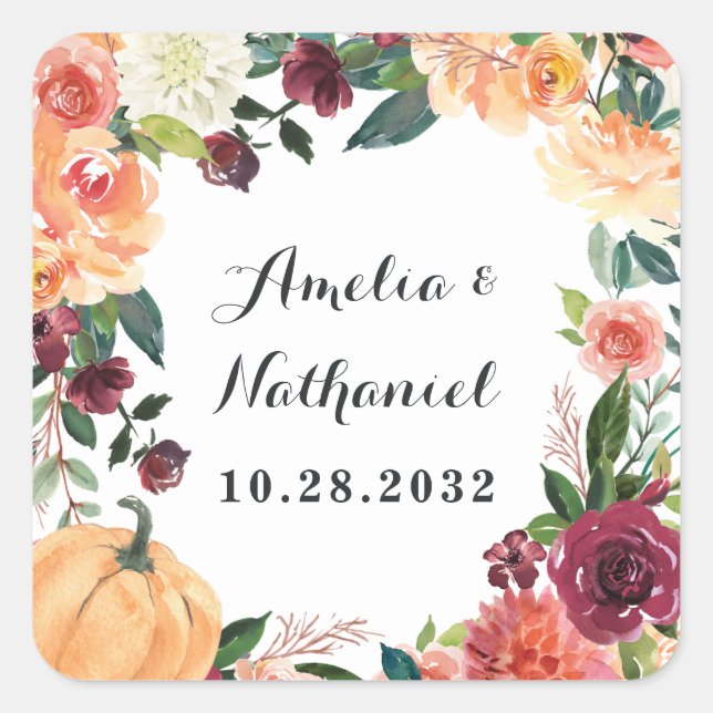 Pumpkin Elegant Fall Floral Rustic Themed Wedding Square Sticker (Front)