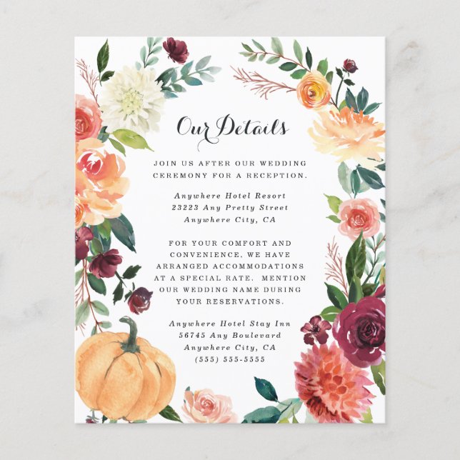 Pumpkin Elegant Fall Floral Wedding Enclosure Card (Front)