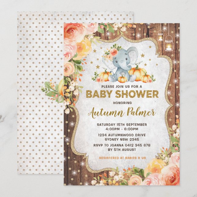 Pumpkin Elephant Baby Shower Fall Autumn Floral Invitation (Front/Back)