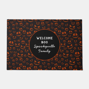 Pumpkin Eyes and Grins in Black Halloween Name Doormat