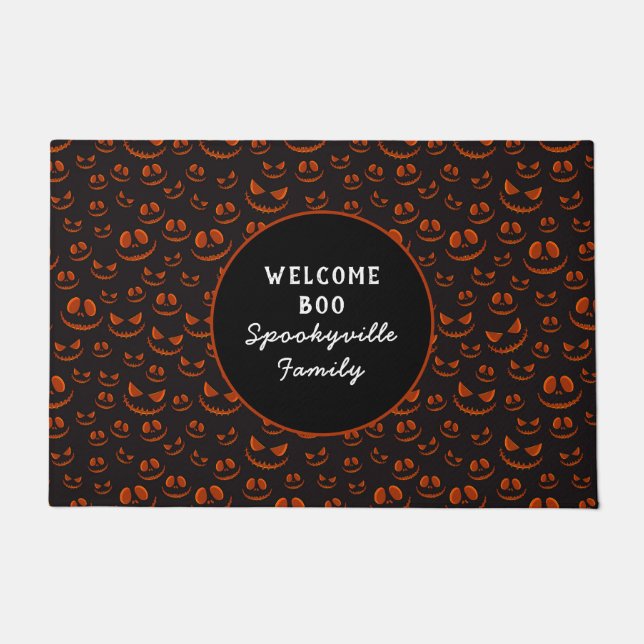 Pumpkin Eyes and Grins in Black Halloween Name Doormat (Front)